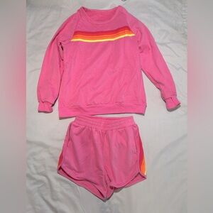 Women’s Junior’s 5 Stripe Crew Sweatshirt and matching shorts in Pink Size Small